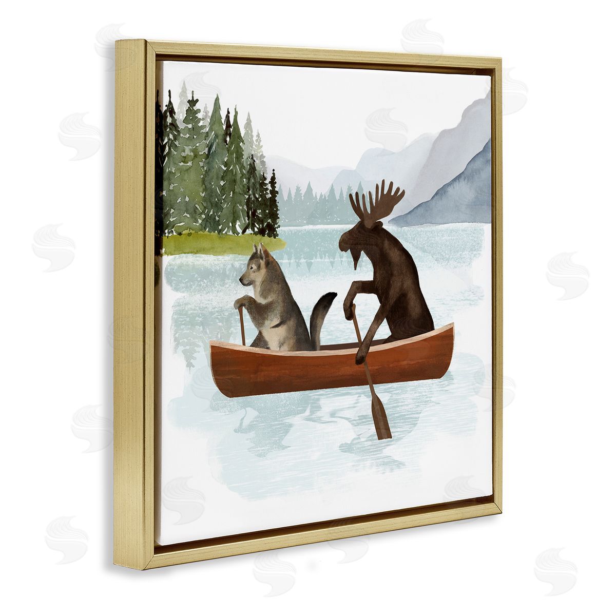 Victoria Barnes Animals on Canoe Gold Floating Frame Canvas Wall Art Print