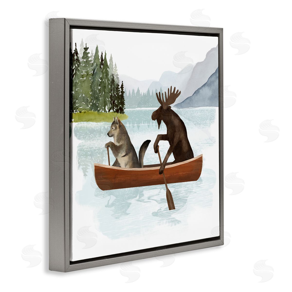 Victoria Barnes Animals on Canoe Gray Floating Frame Canvas Wall Art Print