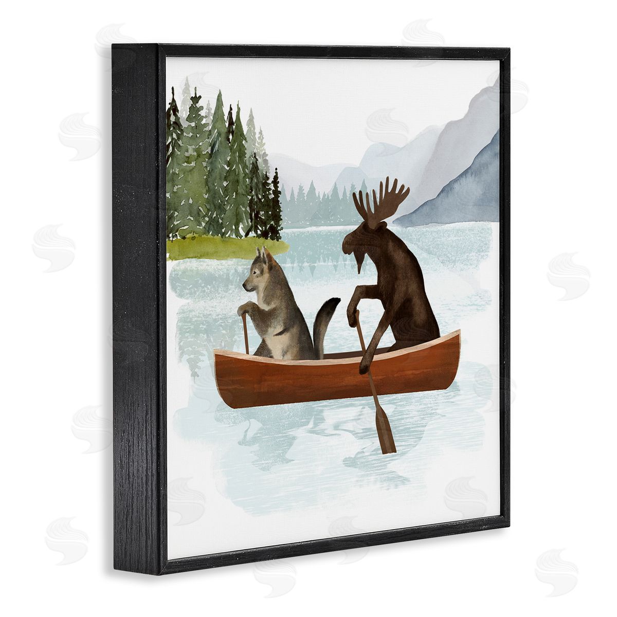 Victoria Barnes Animals on Canoe Black Framed Glicee Wall Art Print