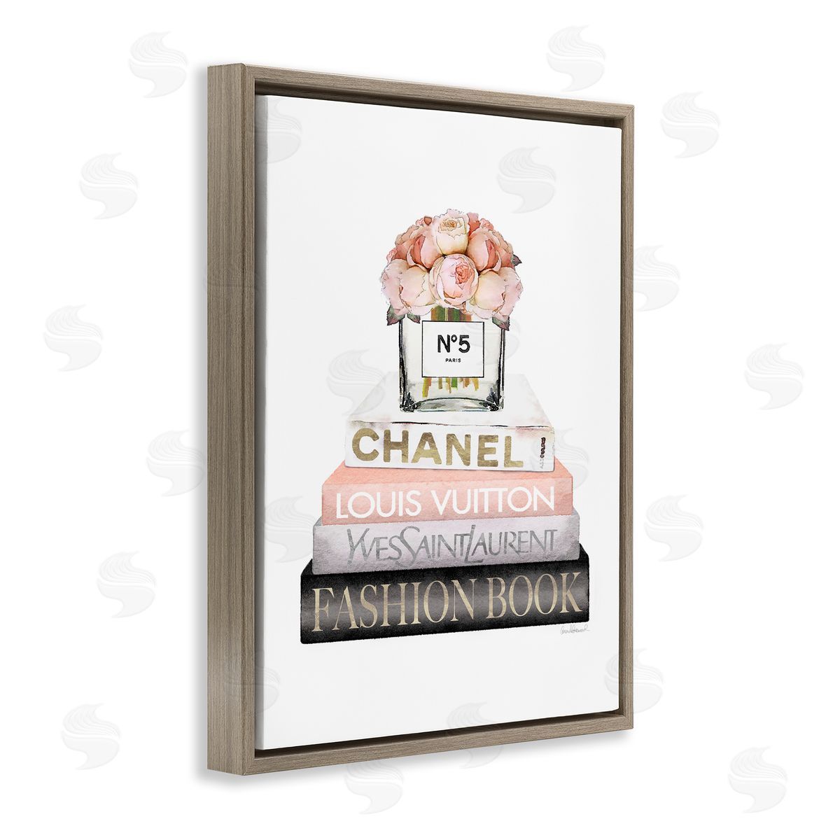 Pink Fashion Book Stack Brown Floating Frame Canvas Wall Art, Home Decor by Amanda Greenwood