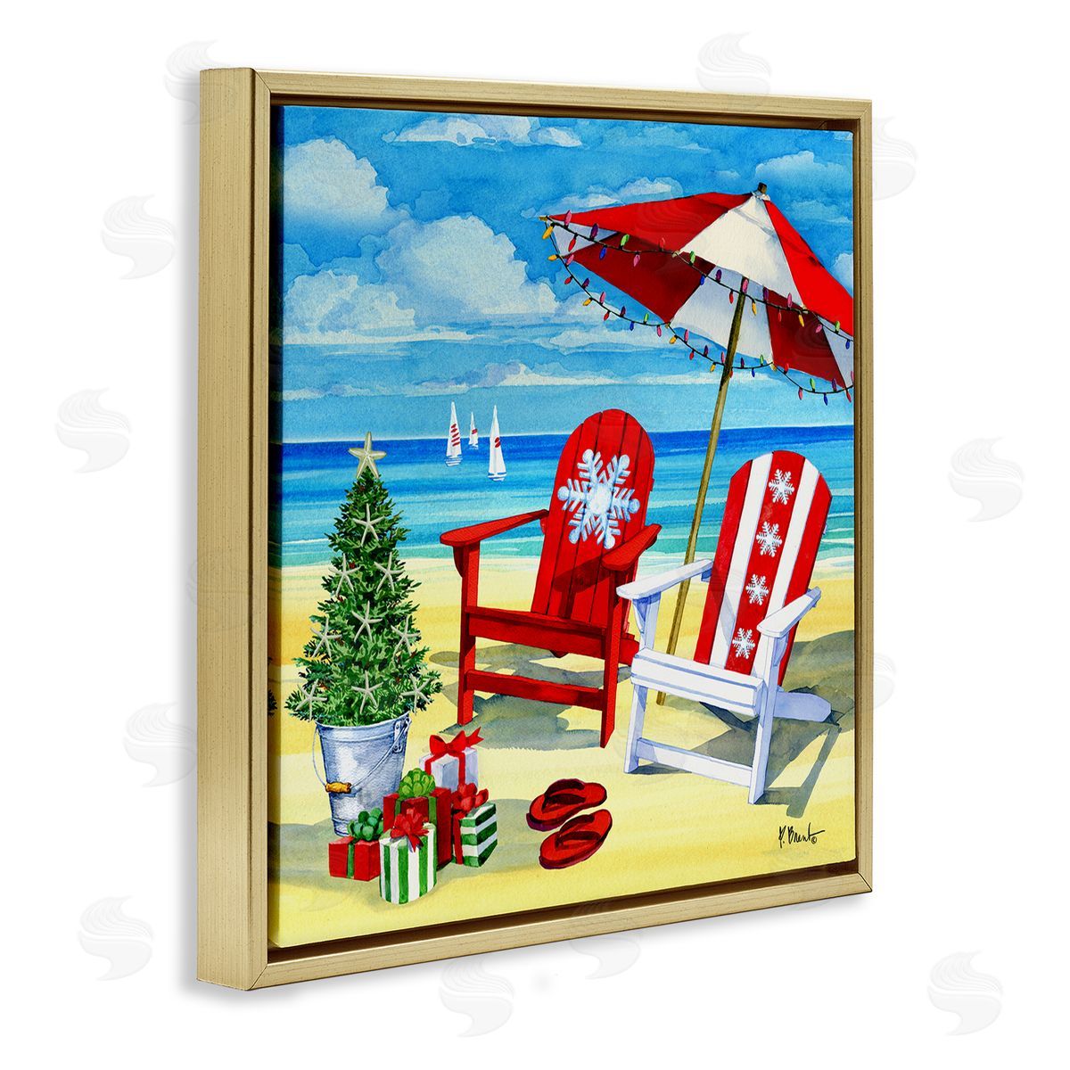 Paul Brent Coastal Christmas Scene Gold Floating Frame Canvas Wall Art Print