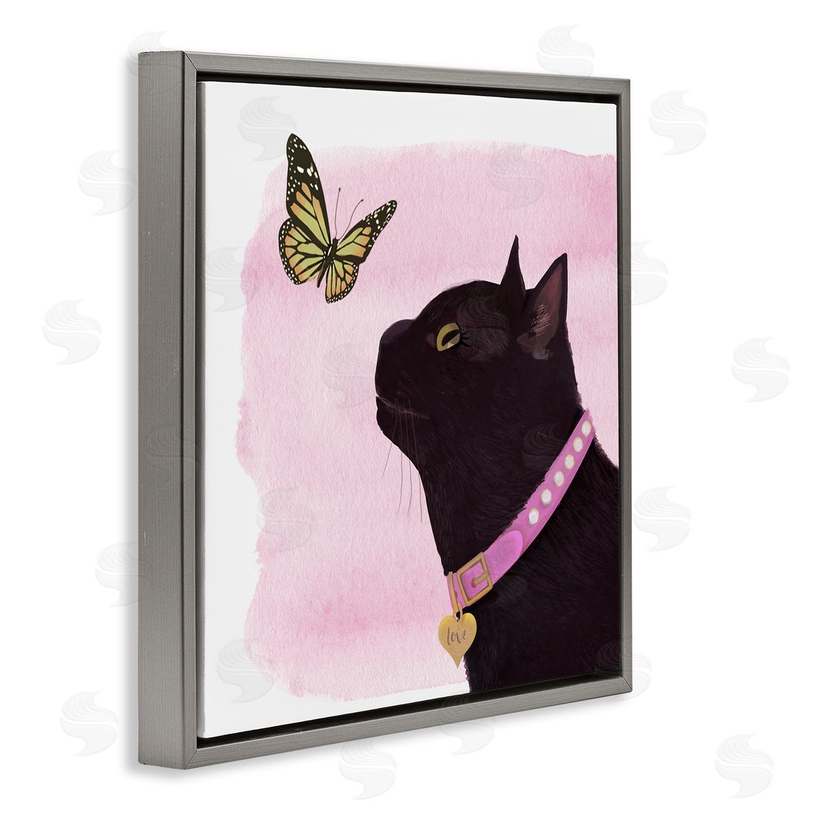 Diane Neukirch Black Cat & Butterfly Gray Floating Frame Canvas Wall Art Print