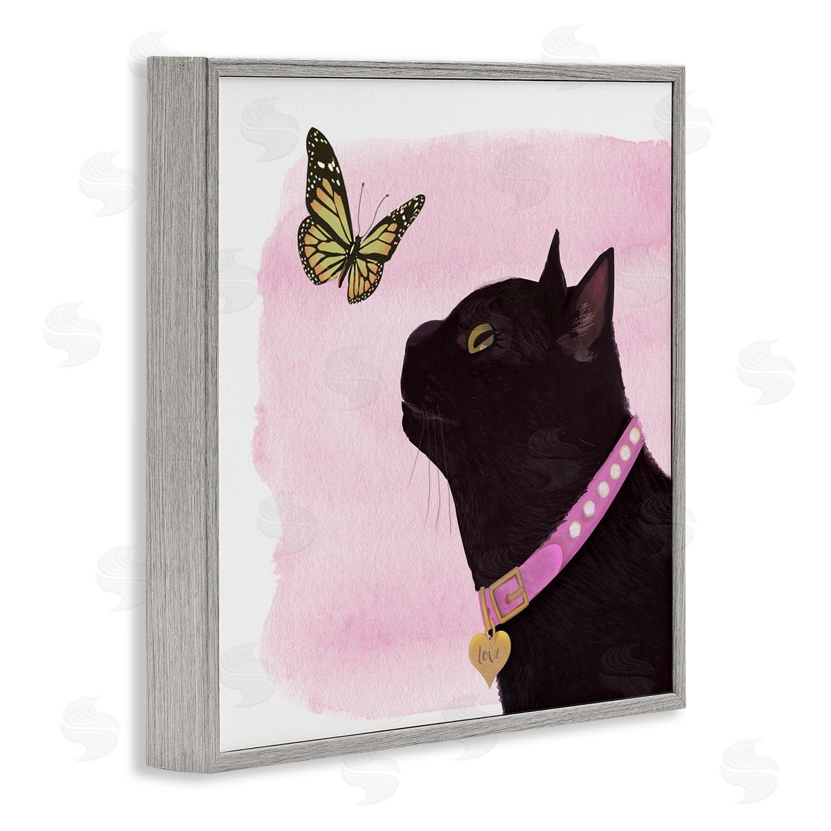Diane Neukirch Black Cat & Butterfly Gray Framed Glicee Wall Art Print