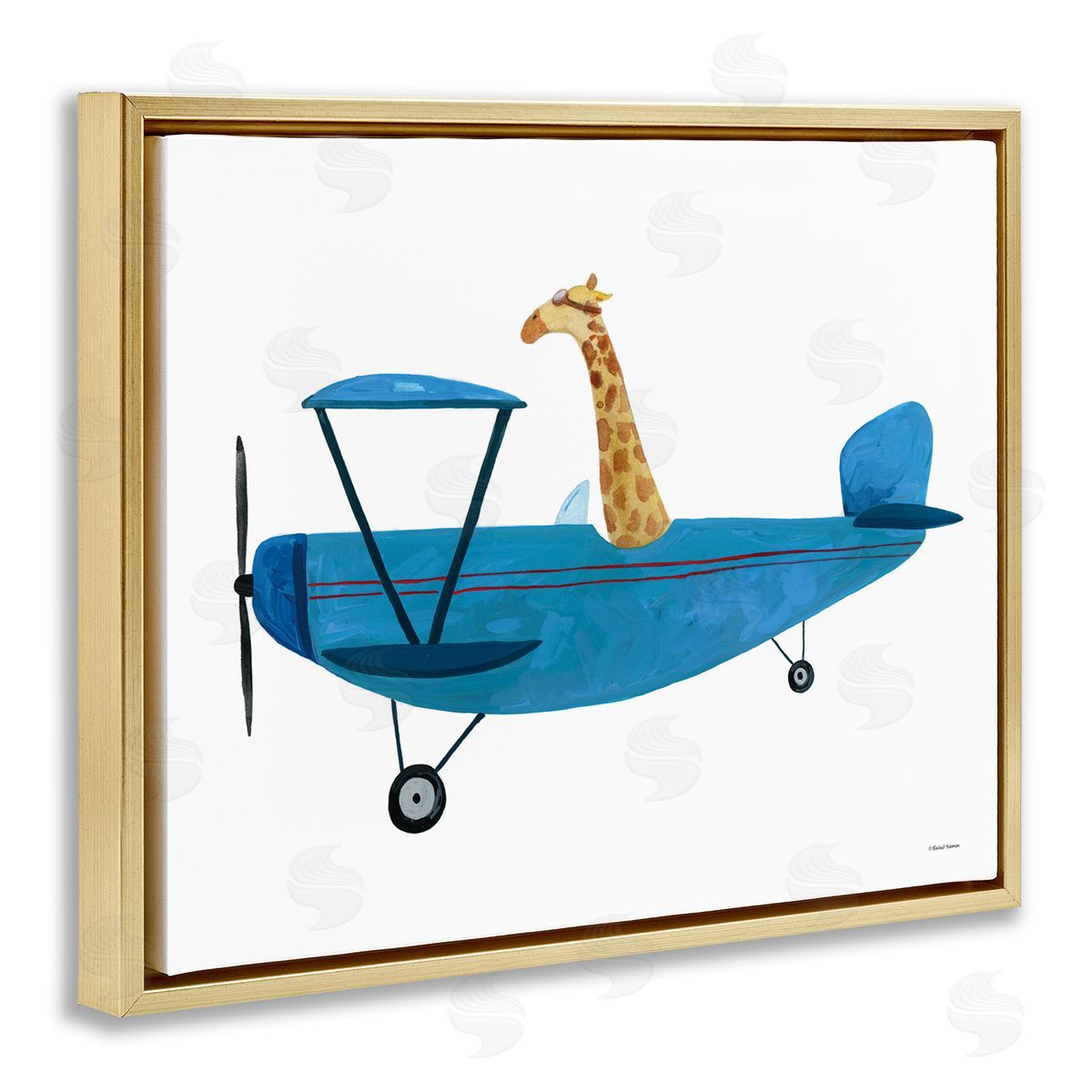 Giraffe Pilot in Airplane Gold Floating Frame Canvas Wall Art, Home Decor by Rachel Nieman