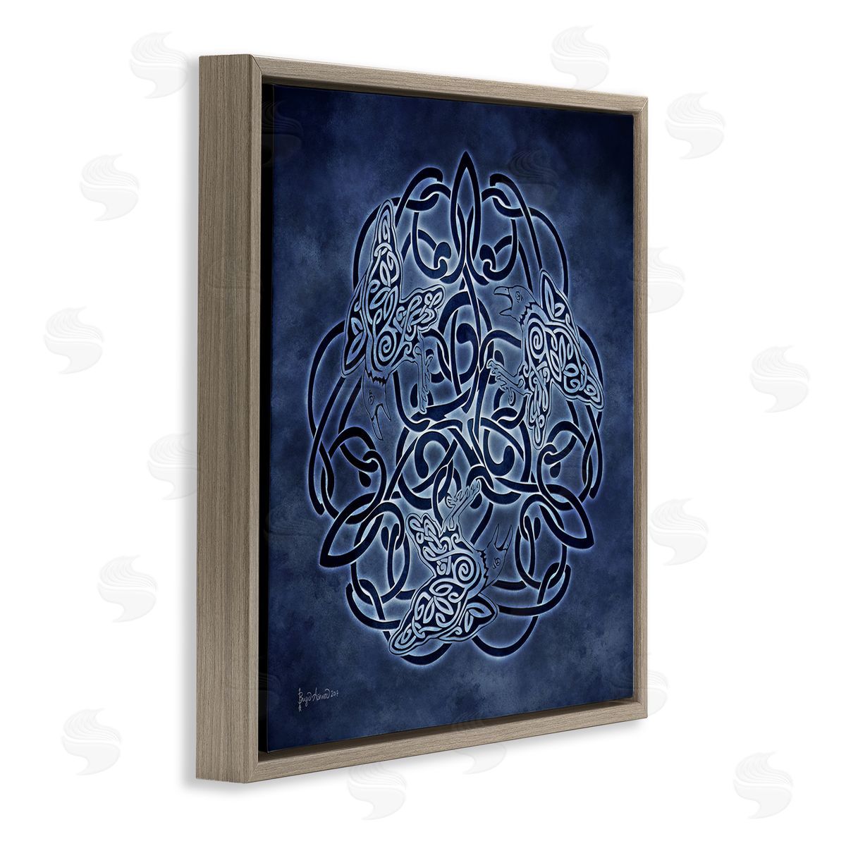 Brigid Ashwood Blue Celtic Raven Pattern Brown Floater Frame Canvas Artside_