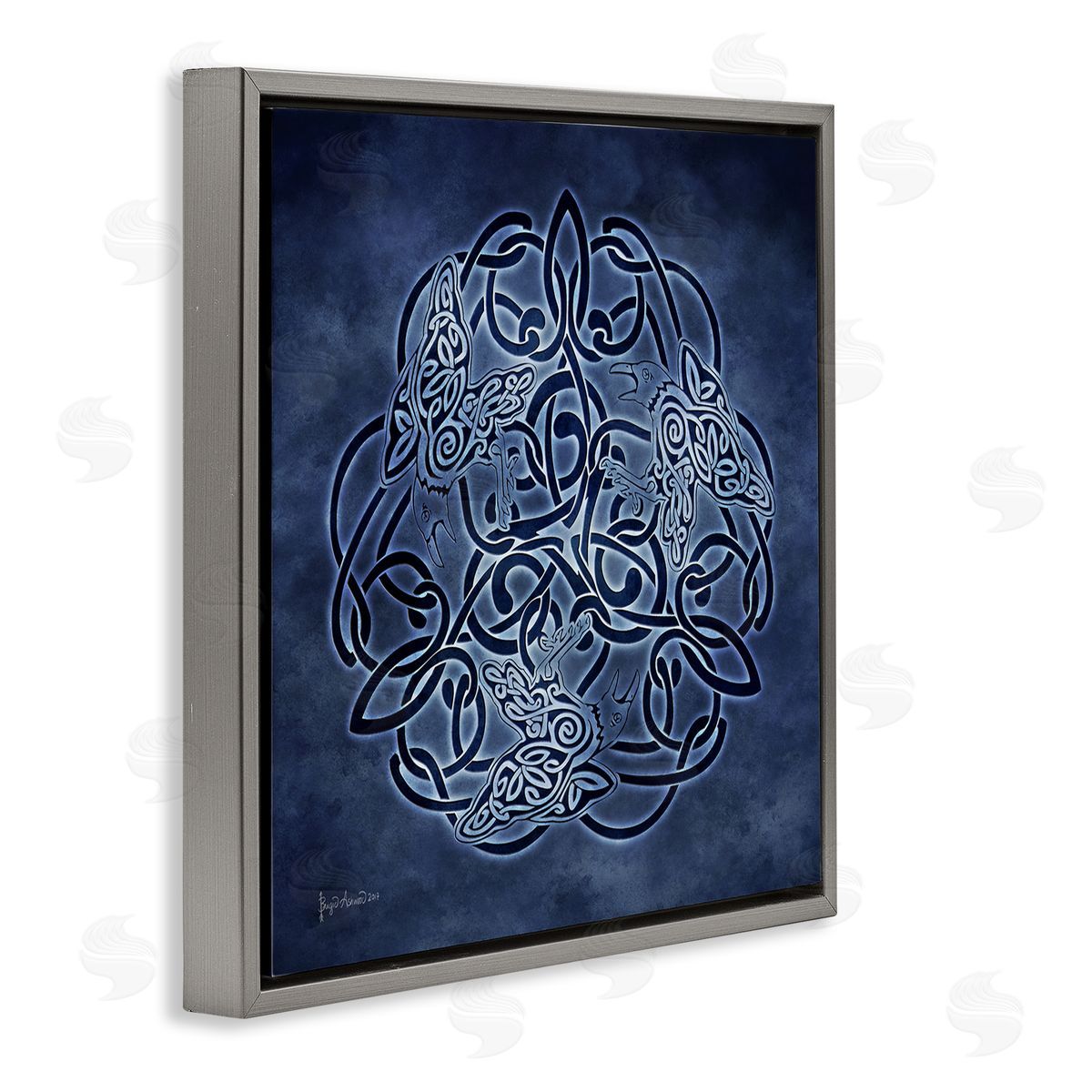Brigid Ashwood Blue Celtic Raven Pattern Gray Floater Frame Canvas Artside_