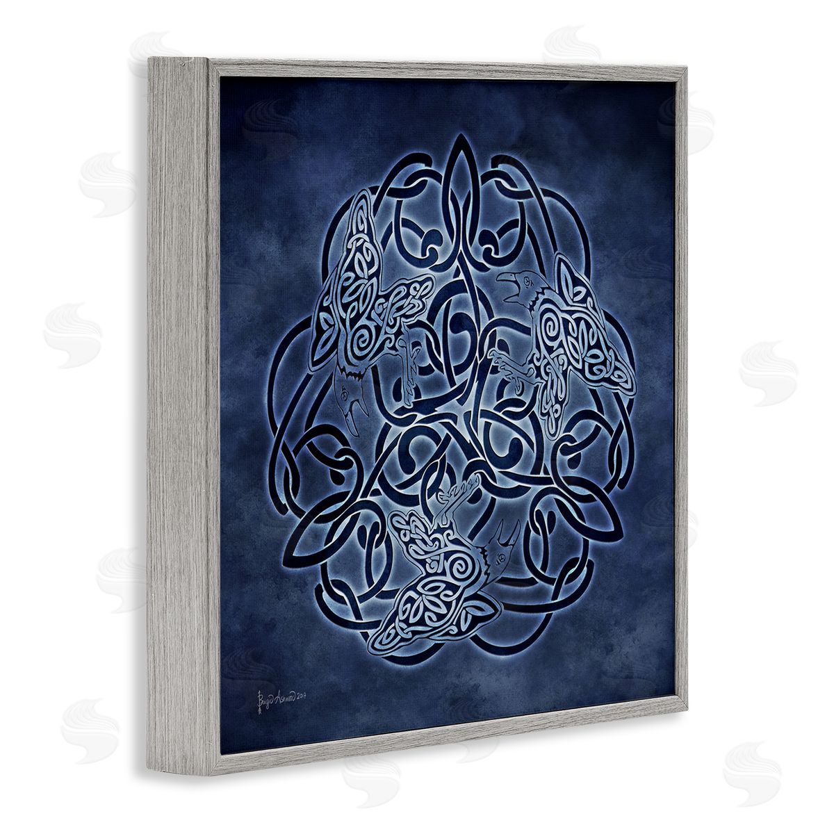 Brigid Ashwood Blue Celtic Raven Pattern Gray Framed Giclee Wall Artside_