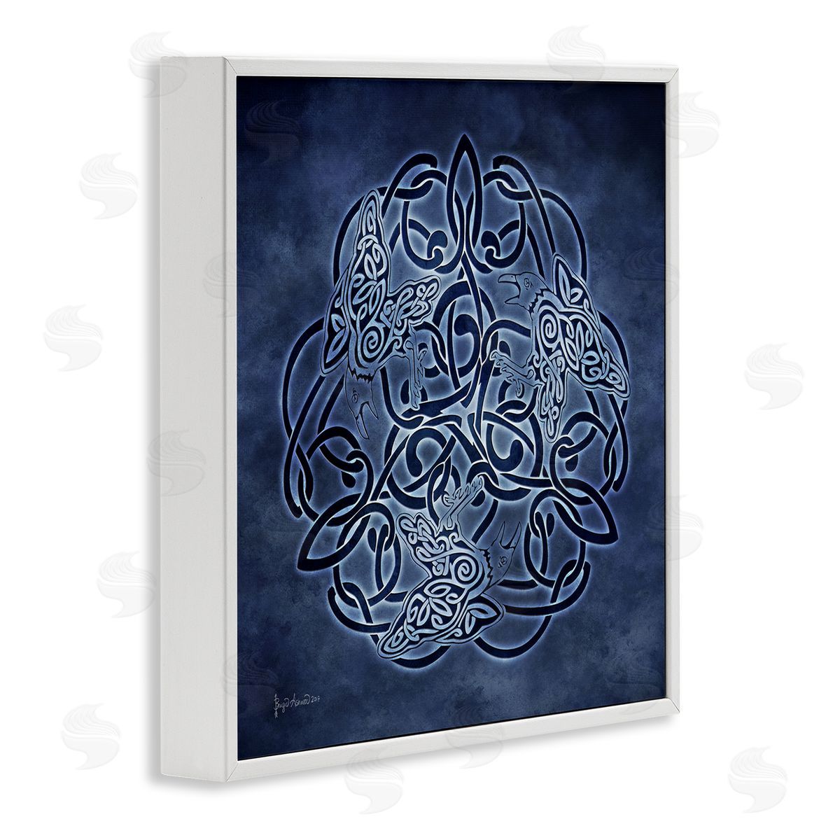 Brigid Ashwood Blue Celtic Raven Pattern White Framed Giclee Wall Artside_