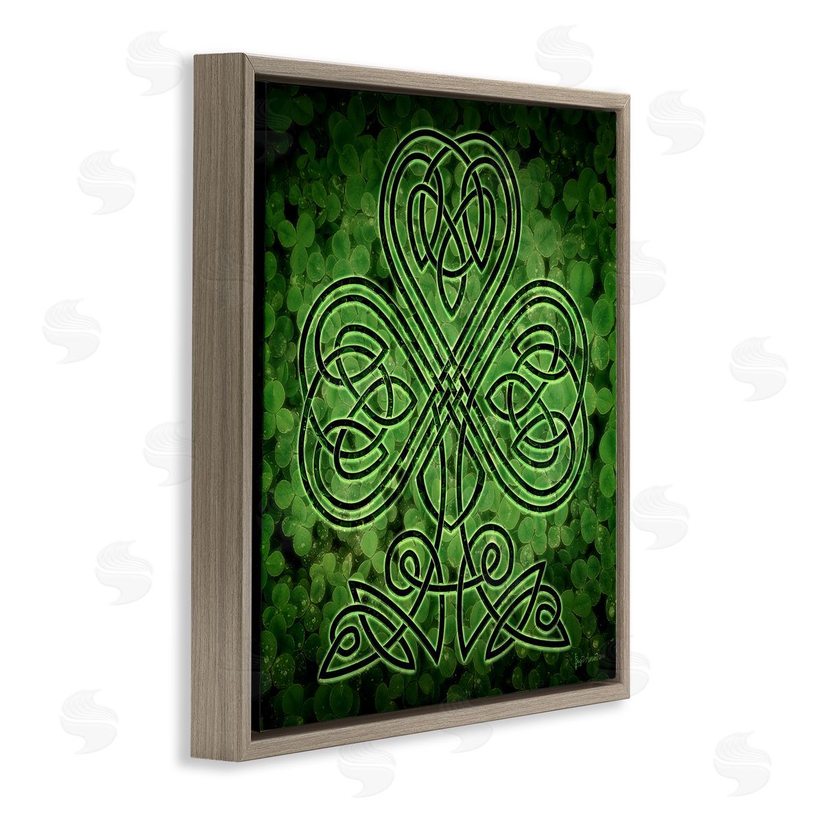 Green Celtic Shamrock Knot Brown Floating Frame Canvas Wall Art, Home Decor by Brigid Ashwood