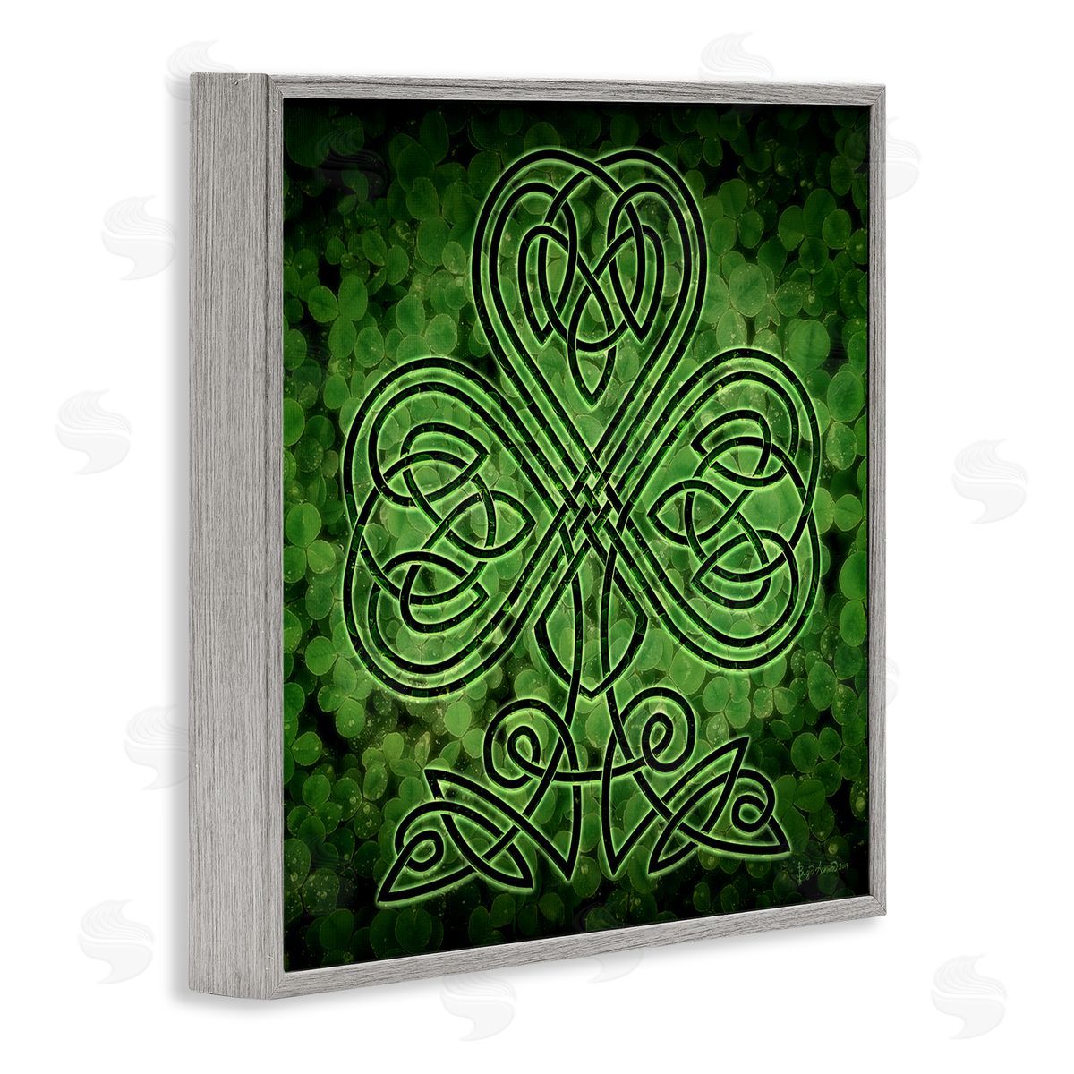 Green Celtic Shamrock Knot Grey Frame Print Wall Art, Home Decor by Brigid Ashwood