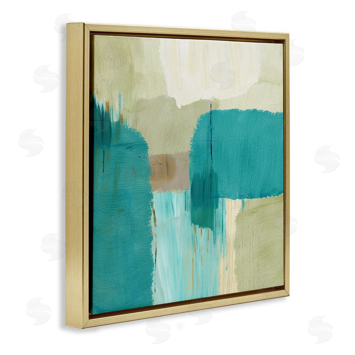 Flora Kouta Turquoise Brush Strokes Gold Floater Frame Canvas Artside_