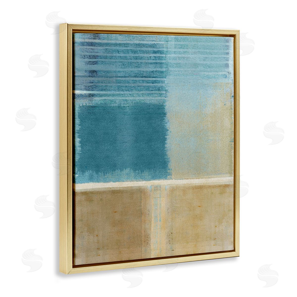 Flora Kouta Blue & Tan Painting Gold Floater Frame Canvas Artside_