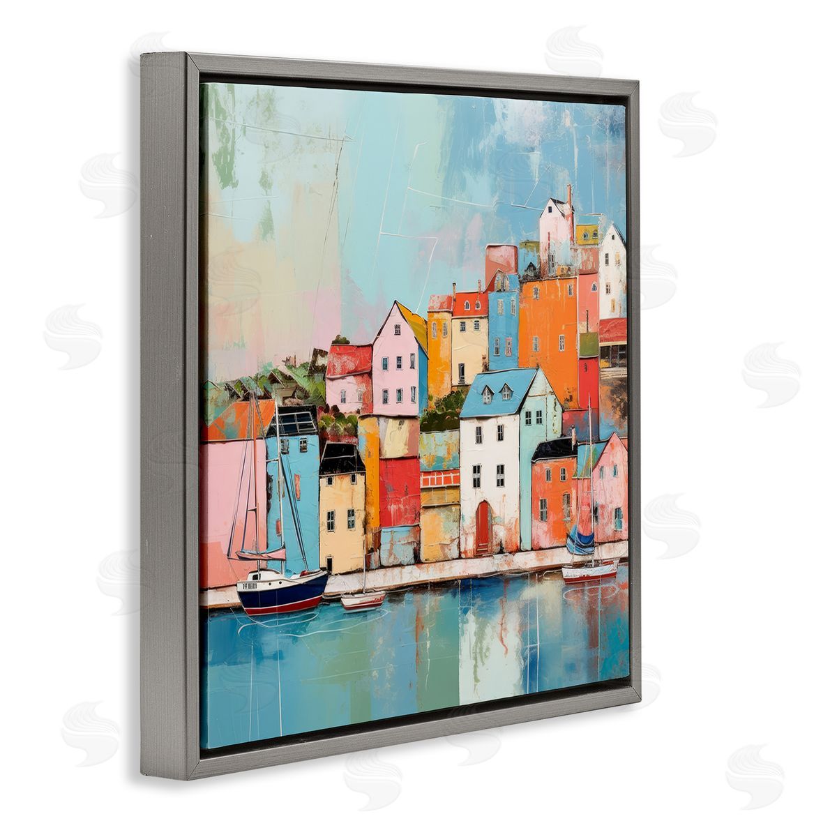 Seaside Neighborhood Painting Grey Floating Frame Canvas Wall Art, Home Decor by Irena Orlov