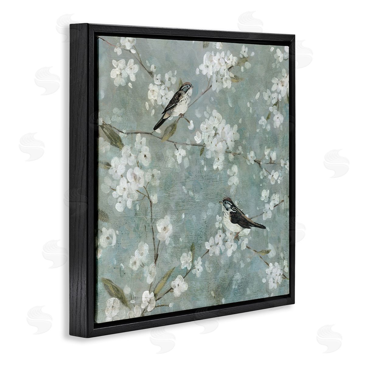 Carol Robinson Sparrows & Cherry Blossoms Black Floater Frame Canvas Artside_