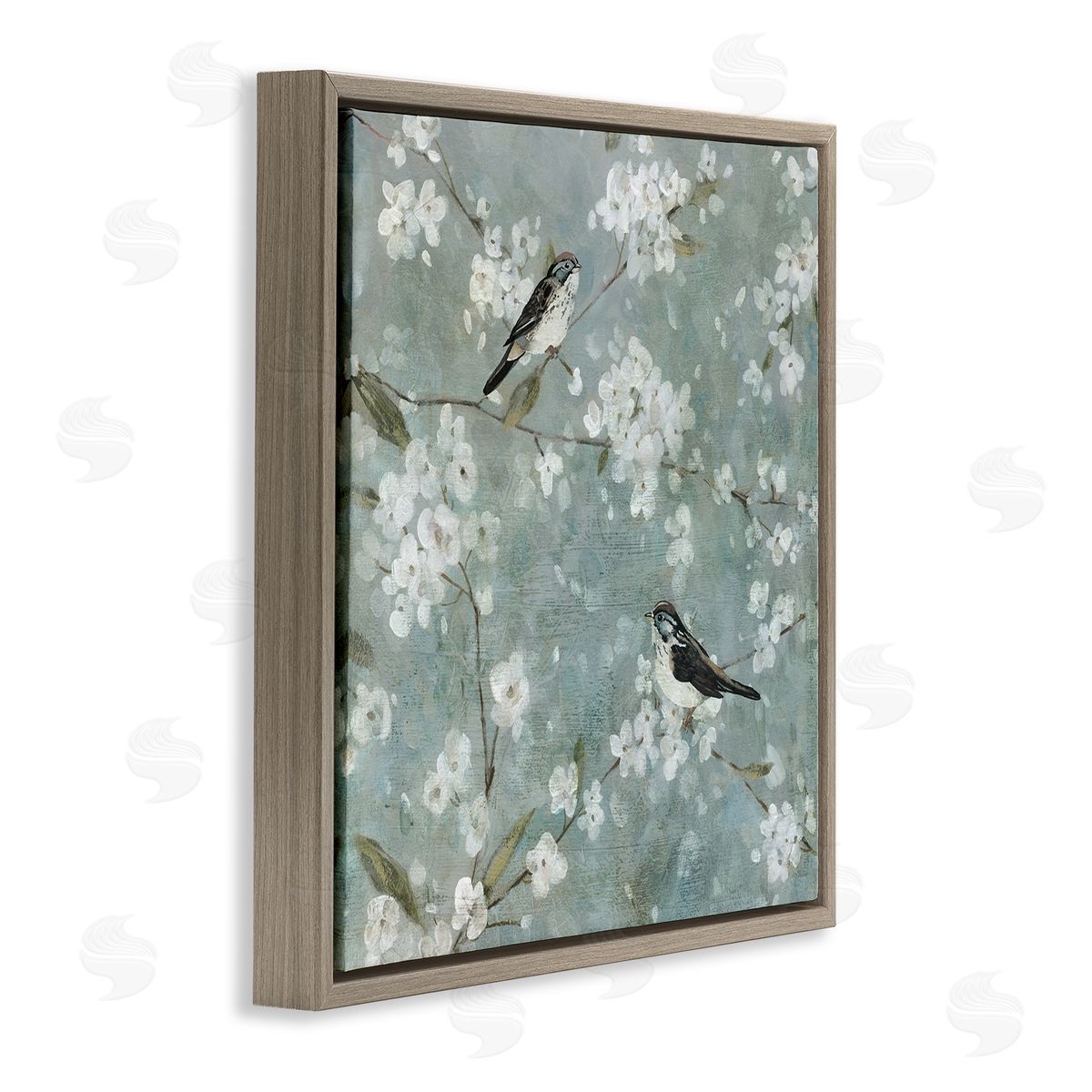Carol Robinson Sparrows & Cherry Blossoms Brown Floater Frame Canvas Artside_