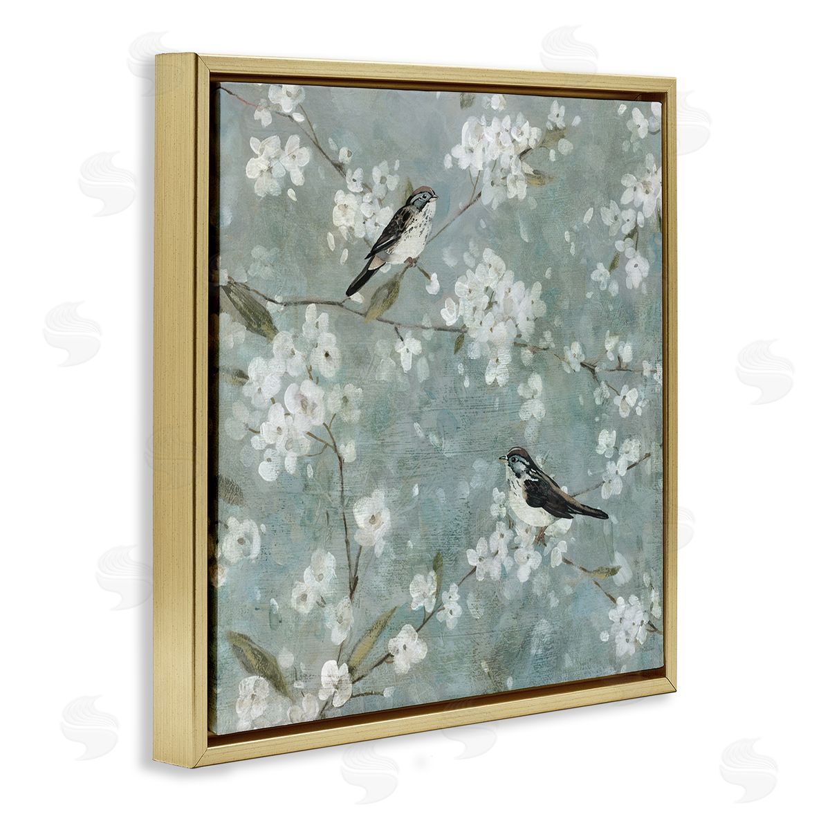 Carol Robinson Sparrows & Cherry Blossoms Gold Floater Frame Canvas Artside_
