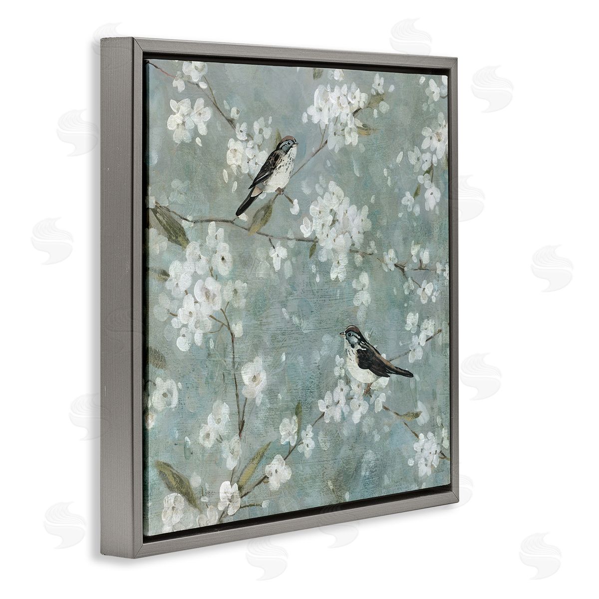 Carol Robinson Sparrows & Cherry Blossoms Gray Floater Frame Canvas Artside_