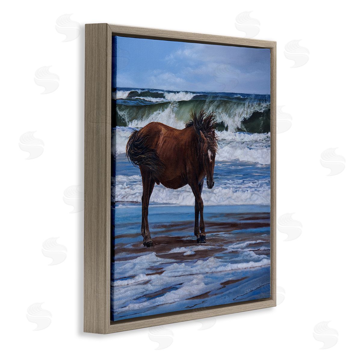 Karla Mann Horse on Ocean Shore Brown Floater Frame Canvas Artside_