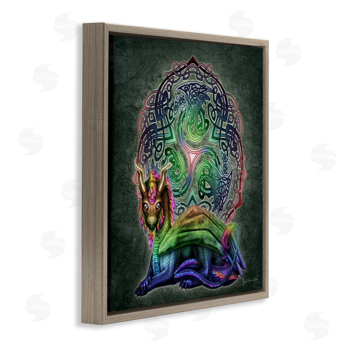 Brigid Ashwood Dragon on Celtic Pattern Brown Floater Frame Canvas Artside_