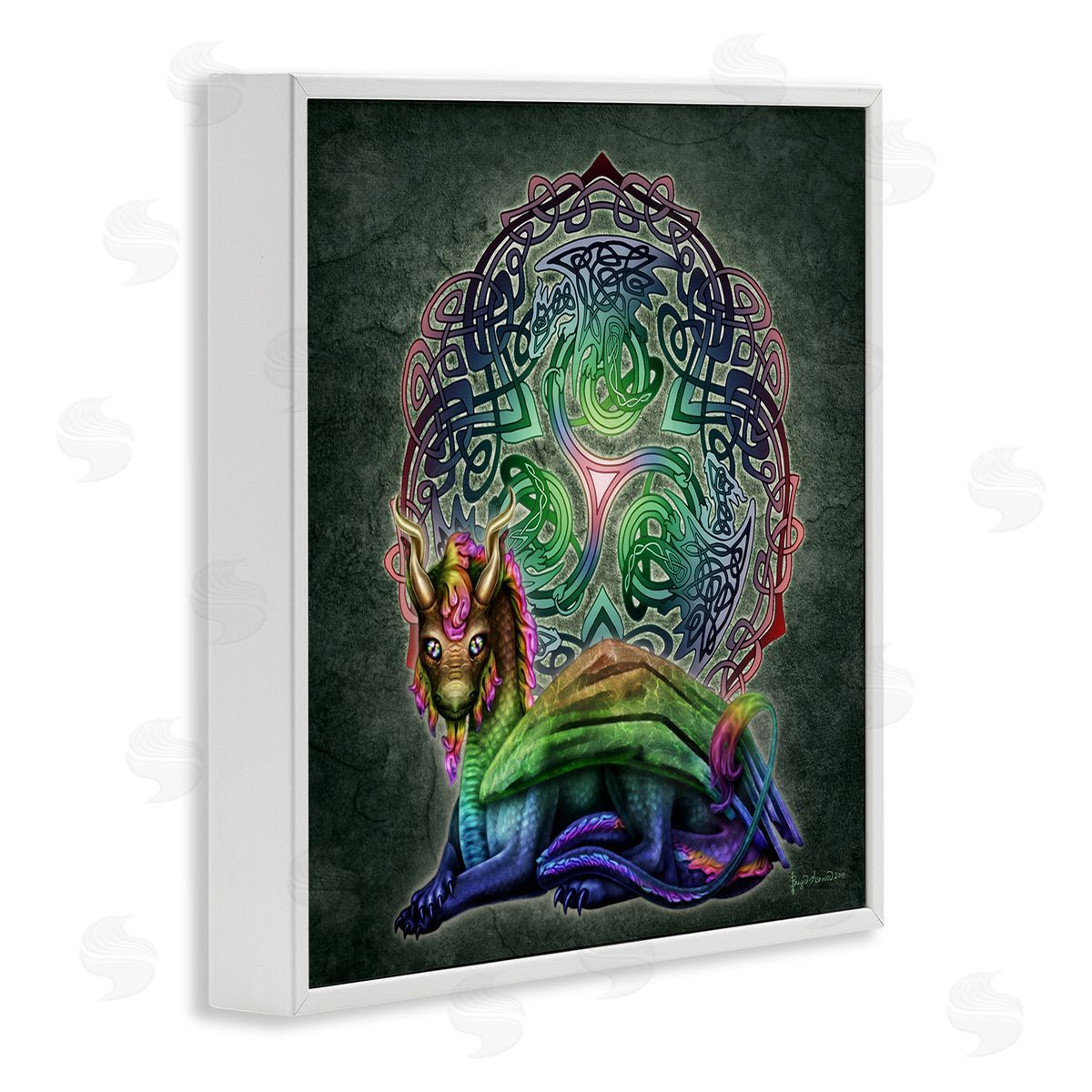 Brigid Ashwood Dragon on Celtic Pattern White Framed Giclee Wall Artside_