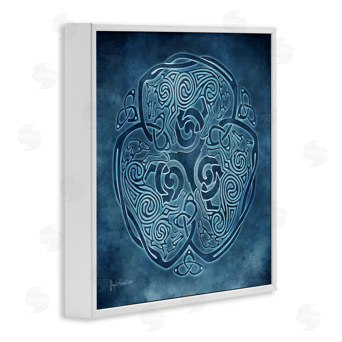 Brigid Ashwood Blue Celtic Wolf White Framed Giclee Wall Artside_