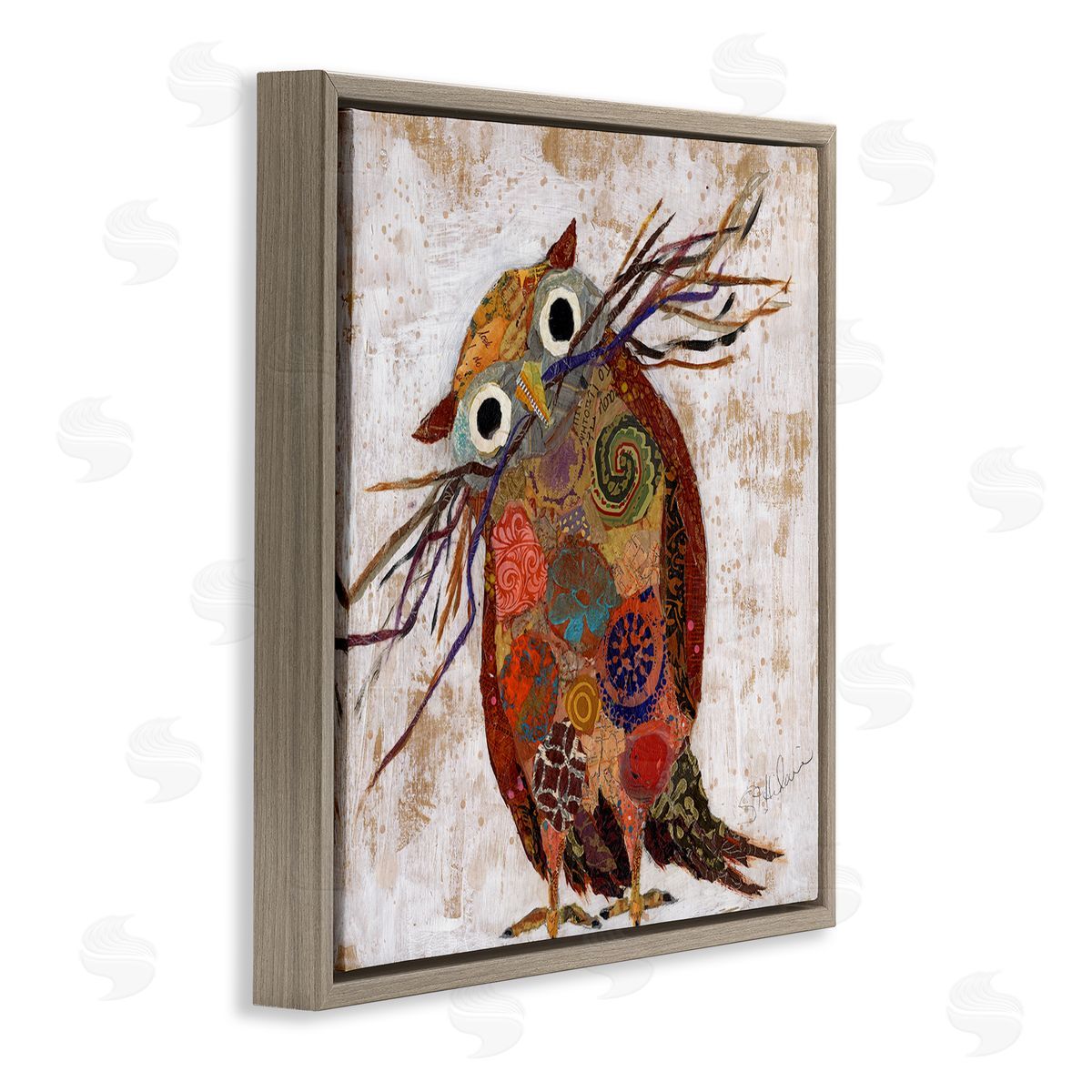 Elizabeth St. Hilaire Patterned Owl Collage Brown Floater Frame Canvas Artside_