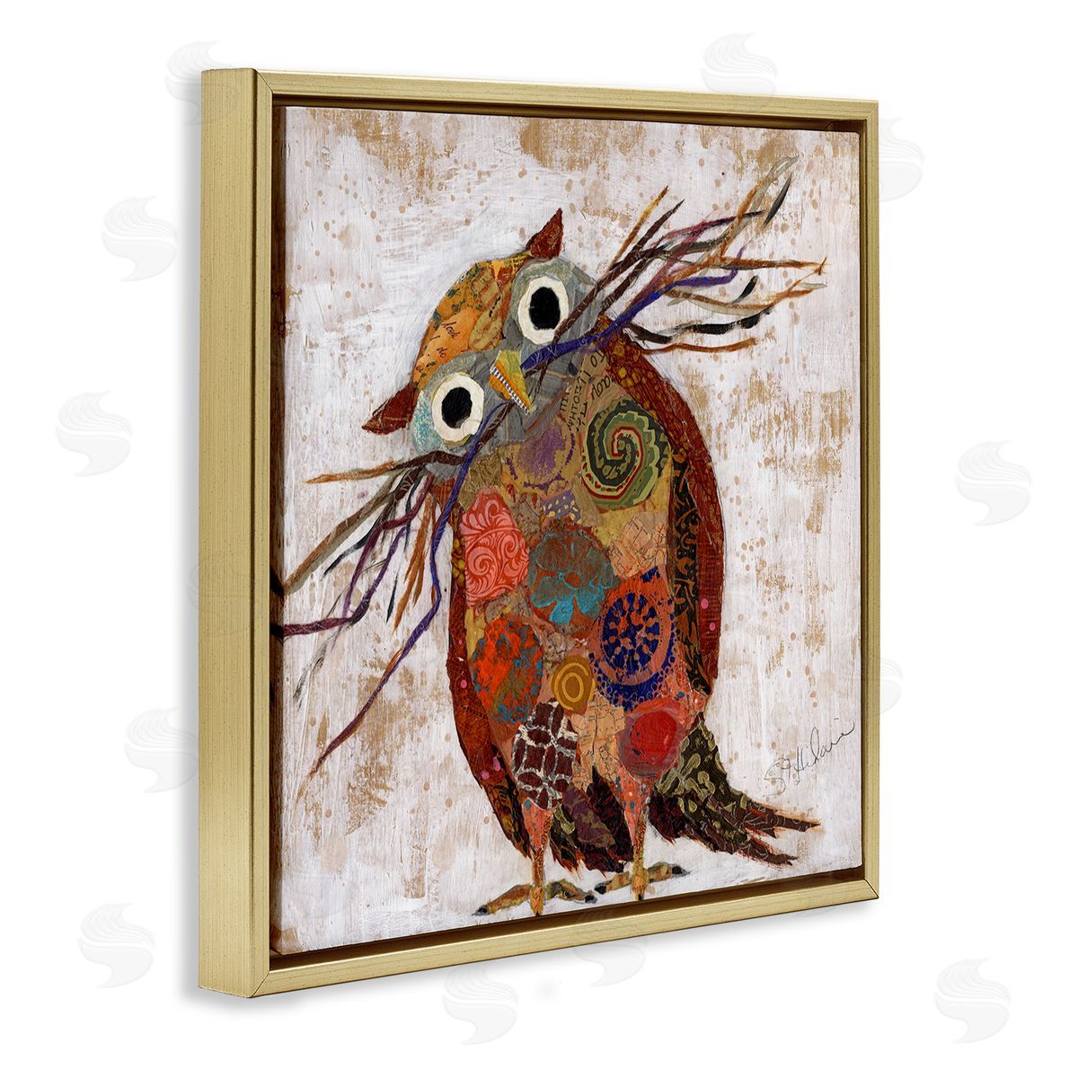 Elizabeth St. Hilaire Patterned Owl Collage Gold Floater Frame Canvas Artside_