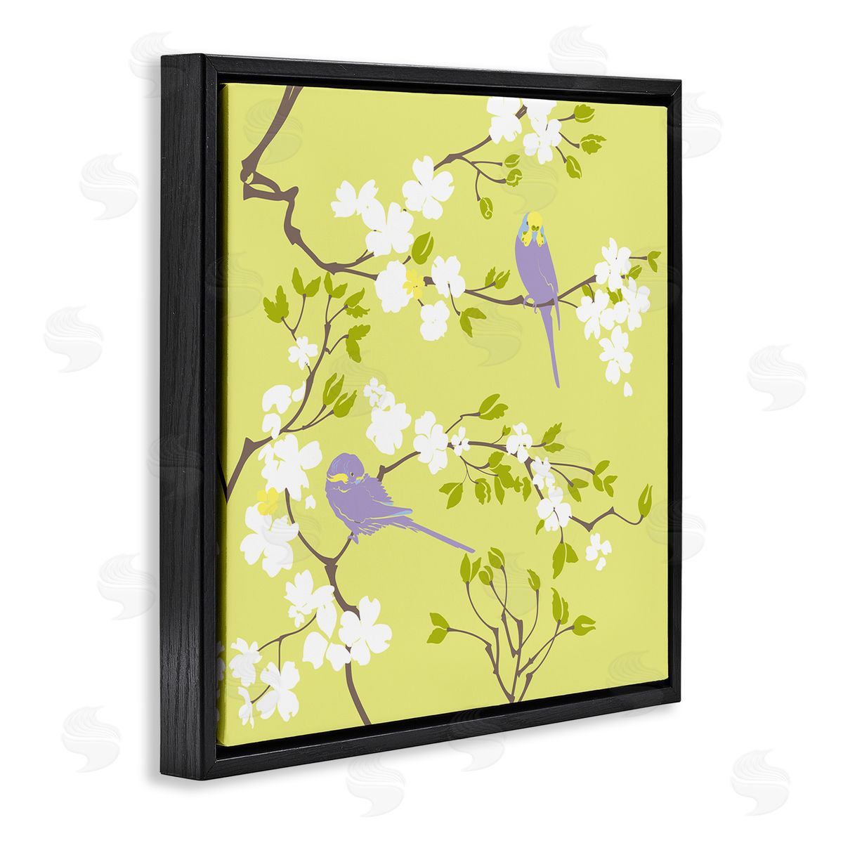 Evelia Designs Parakeets & Cherry Blossoms Black Floater Frame Canvas Artside_