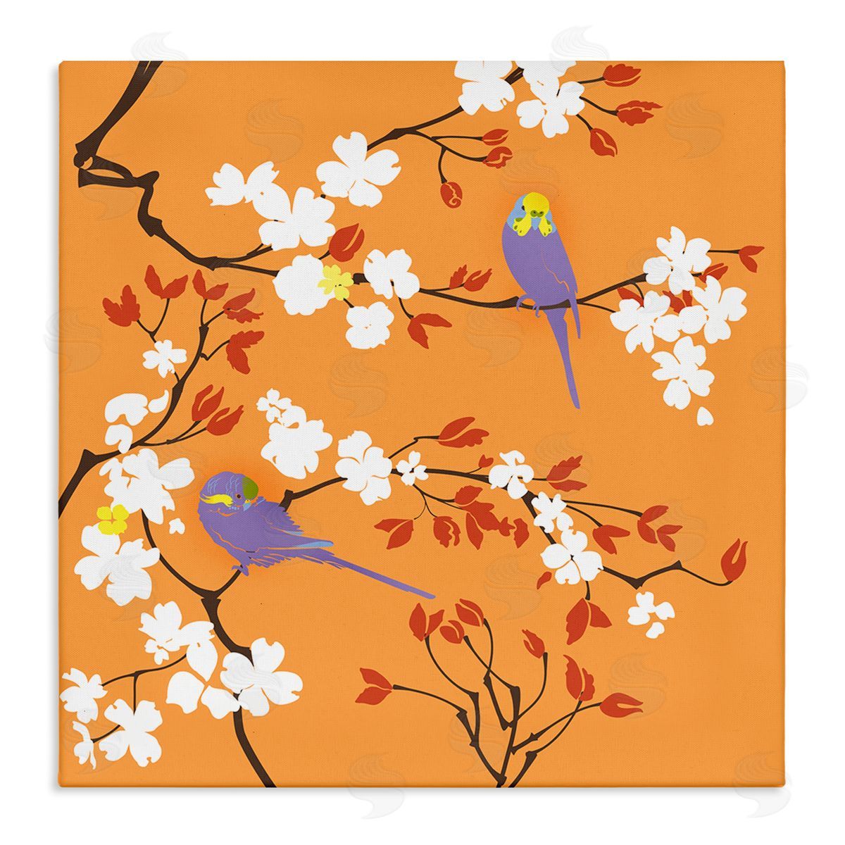 Evelia Designs Parakeets on Orange Canvas Wall Art