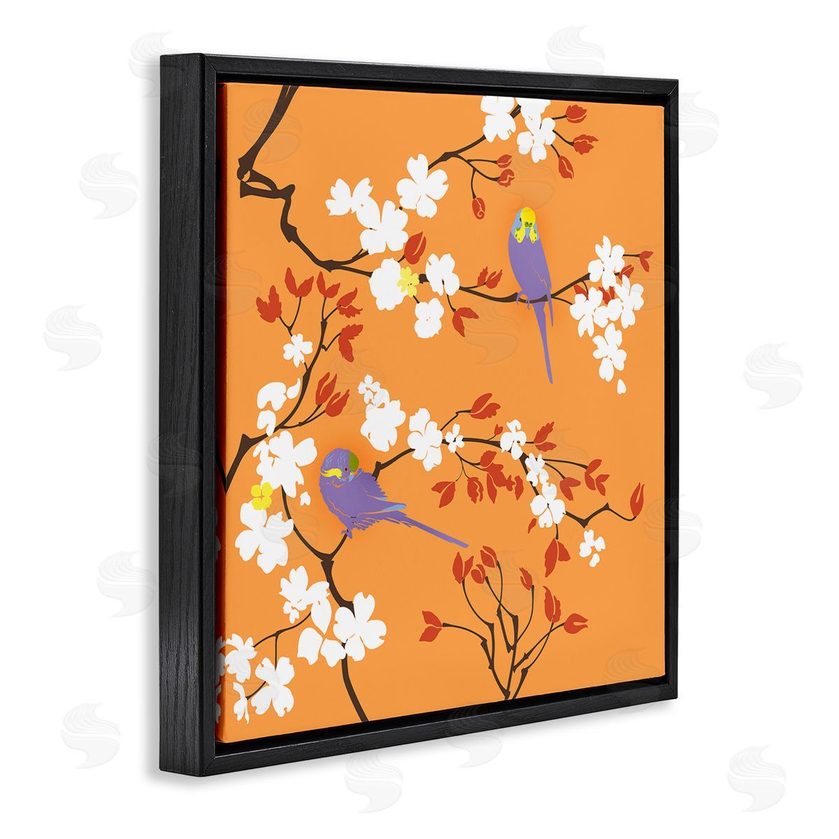 Evelia Designs Parakeets on Orange Black Floater Frame Canvas Artside_