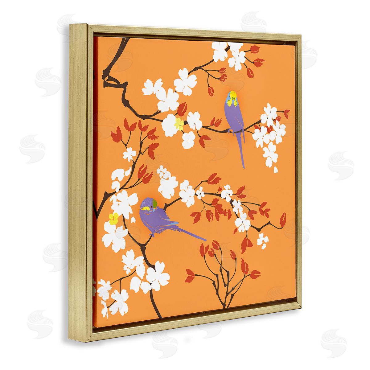 Evelia Designs Parakeets on Orange Gold Floater Frame Canvas Artside_
