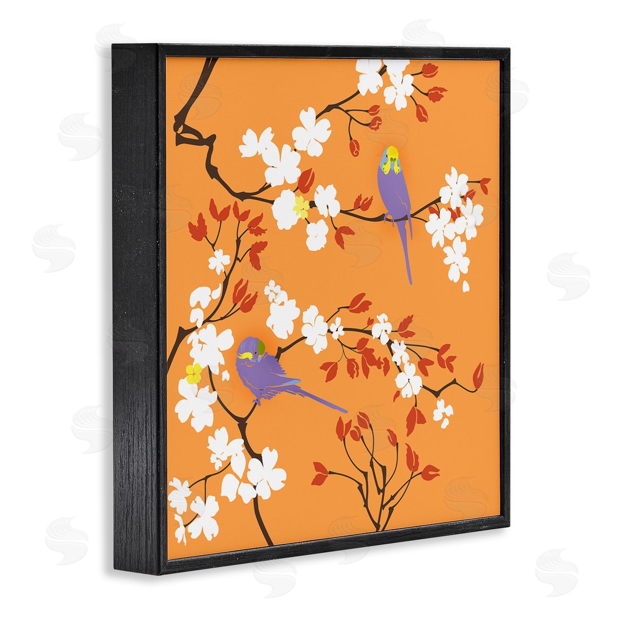 Evelia Designs Parakeets on Orange Black Framed Giclee Wall Artside_