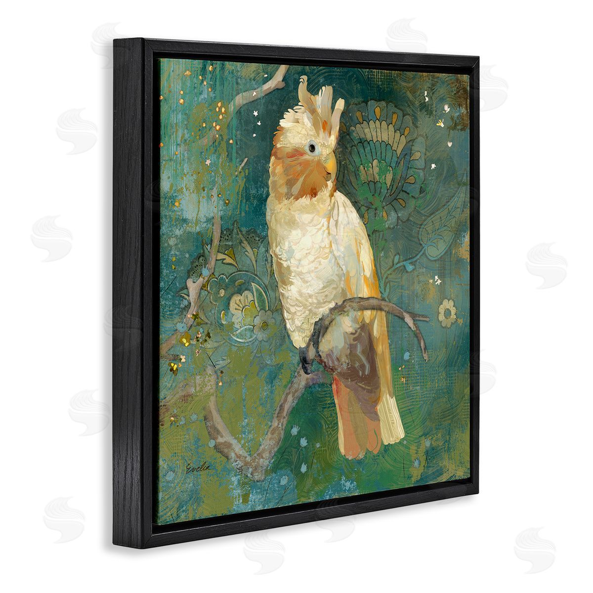 Evelia Designs Cockatoo Boho Pattern Black Floater Frame Canvas Artside_