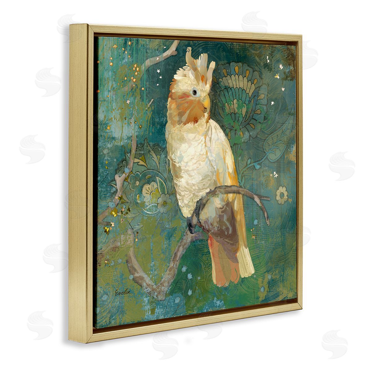 Evelia Designs Cockatoo Boho Pattern Gold Floater Frame Canvas Artside_