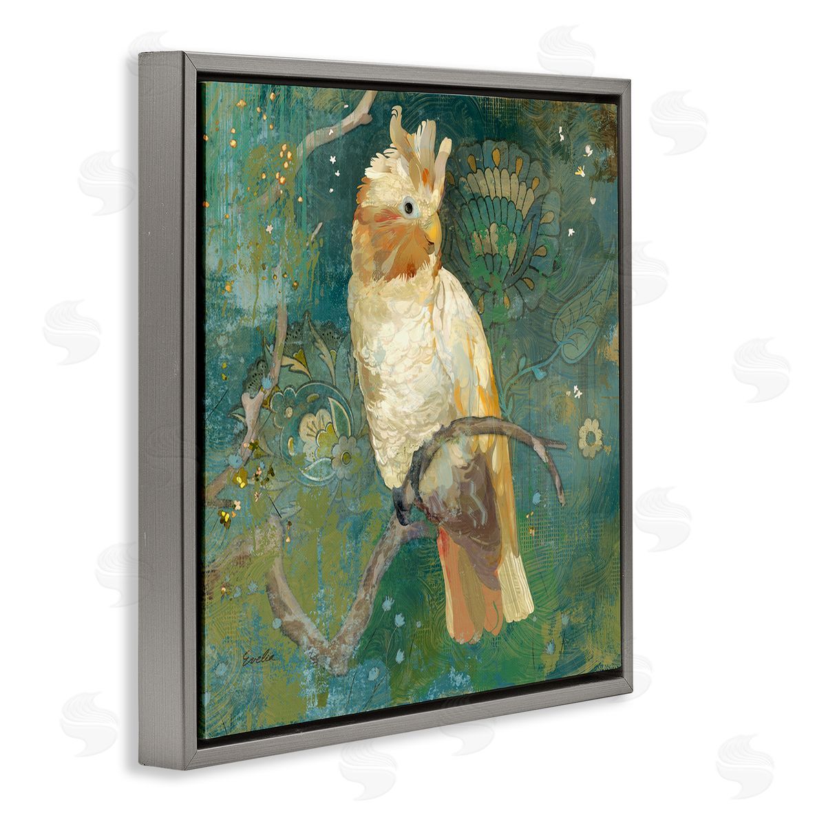 Evelia Designs Cockatoo Boho Pattern Gray Floater Frame Canvas Artside_
