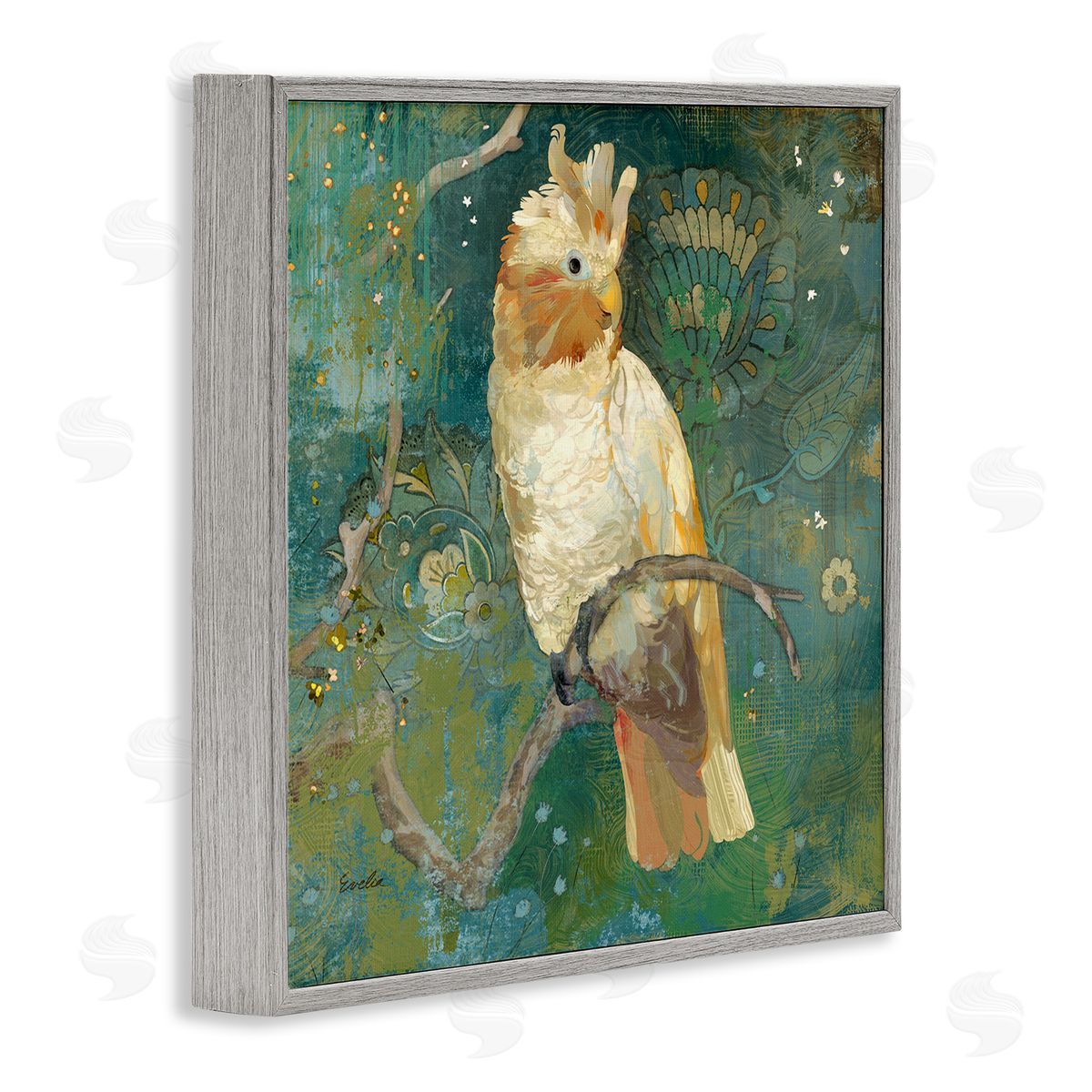 Evelia Designs Cockatoo Boho Pattern Gray Framed Giclee Wall Artside_