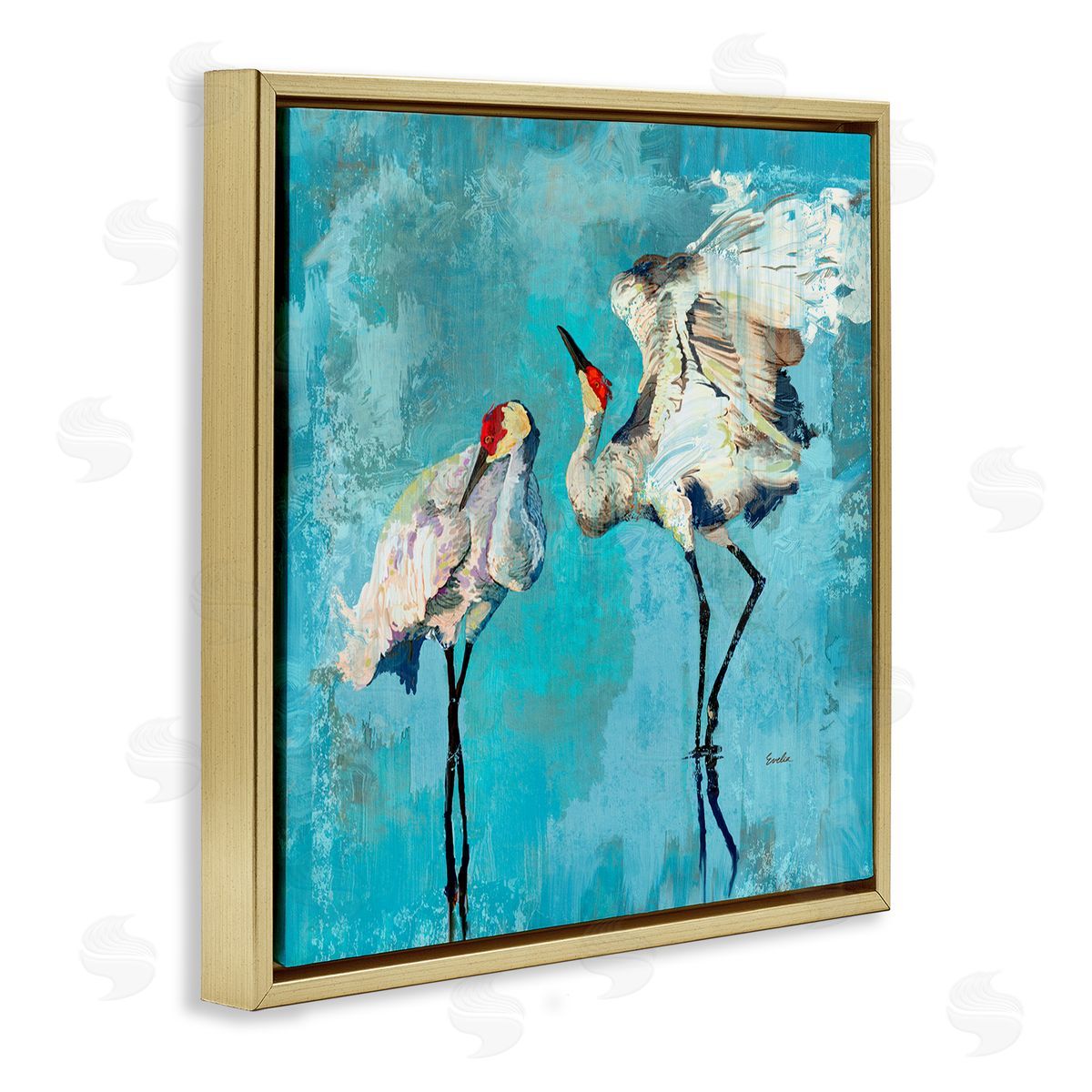 Evelia Designs Cranes on Blue Abstract Gold Floater Frame Canvas Artside_