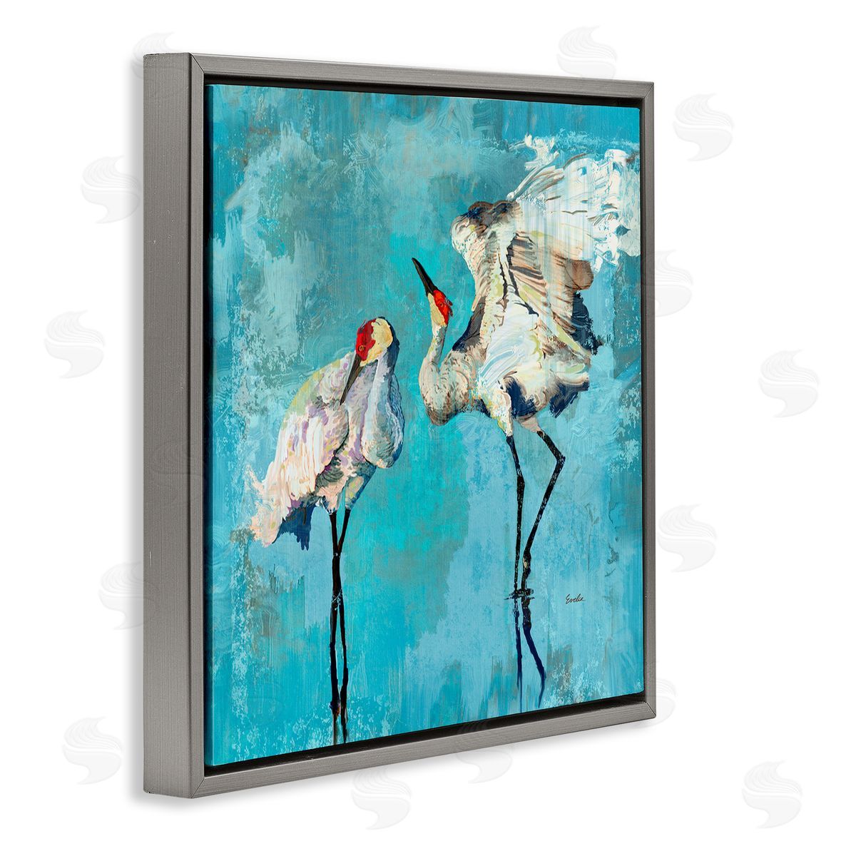 Evelia Designs Cranes on Blue Abstract Gray Floater Frame Canvas Artside_