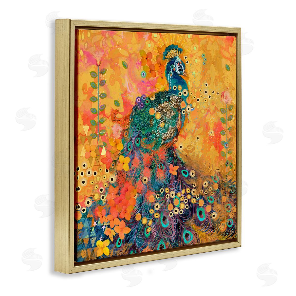 Evelia Designs Bohemian Peacock Pattern Gold Floater Frame Canvas Artside_