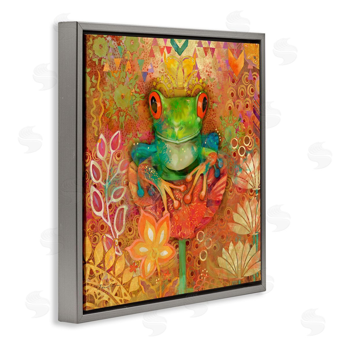 Evelia Designs Frog Perched on Flower Gray Floater Frame Canvas Artside_