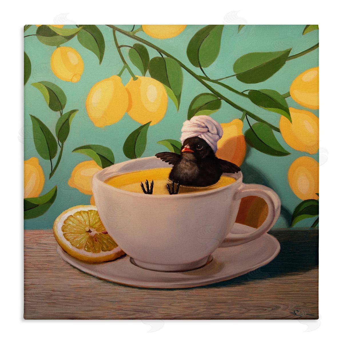 Bird Bathing Lemon Tea Canvas Wall Art, Home Decor by Lucia Heffernan