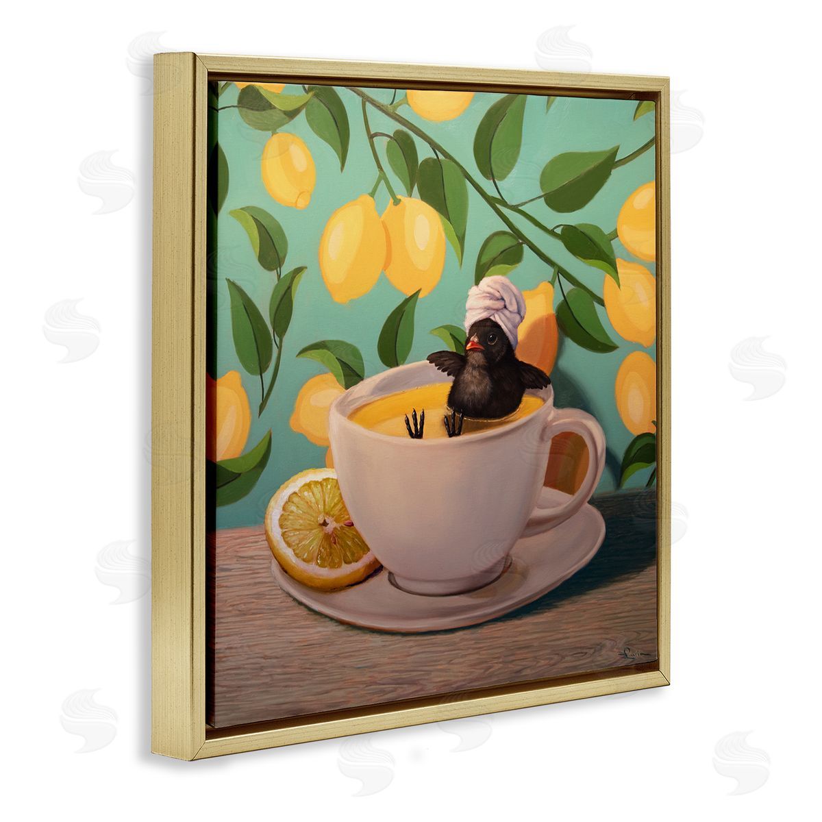 Bird Bathing Lemon Tea Gold Floating Frame Canvas Wall Art, Home Decor by Lucia Heffernan