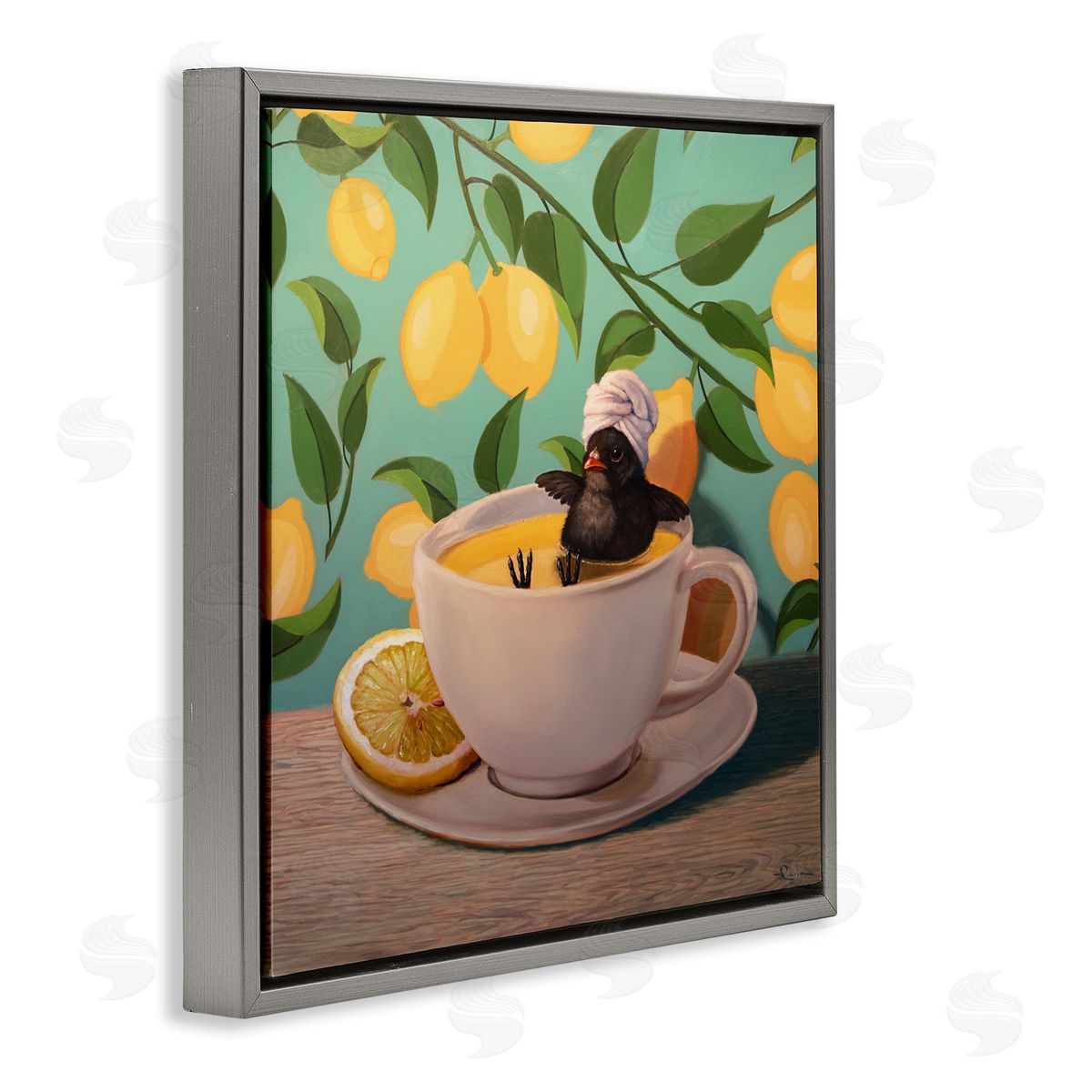 Bird Bathing Lemon Tea Grey Floating Frame Canvas Wall Art, Home Decor by Lucia Heffernan