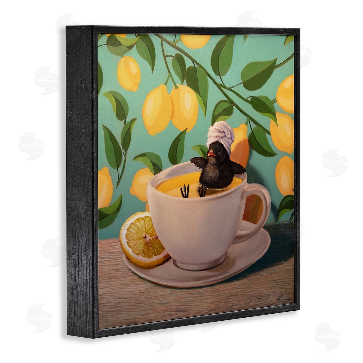 Bird Bathing Lemon Tea Black Frame Print Wall Art, Home Decor by Lucia Heffernan