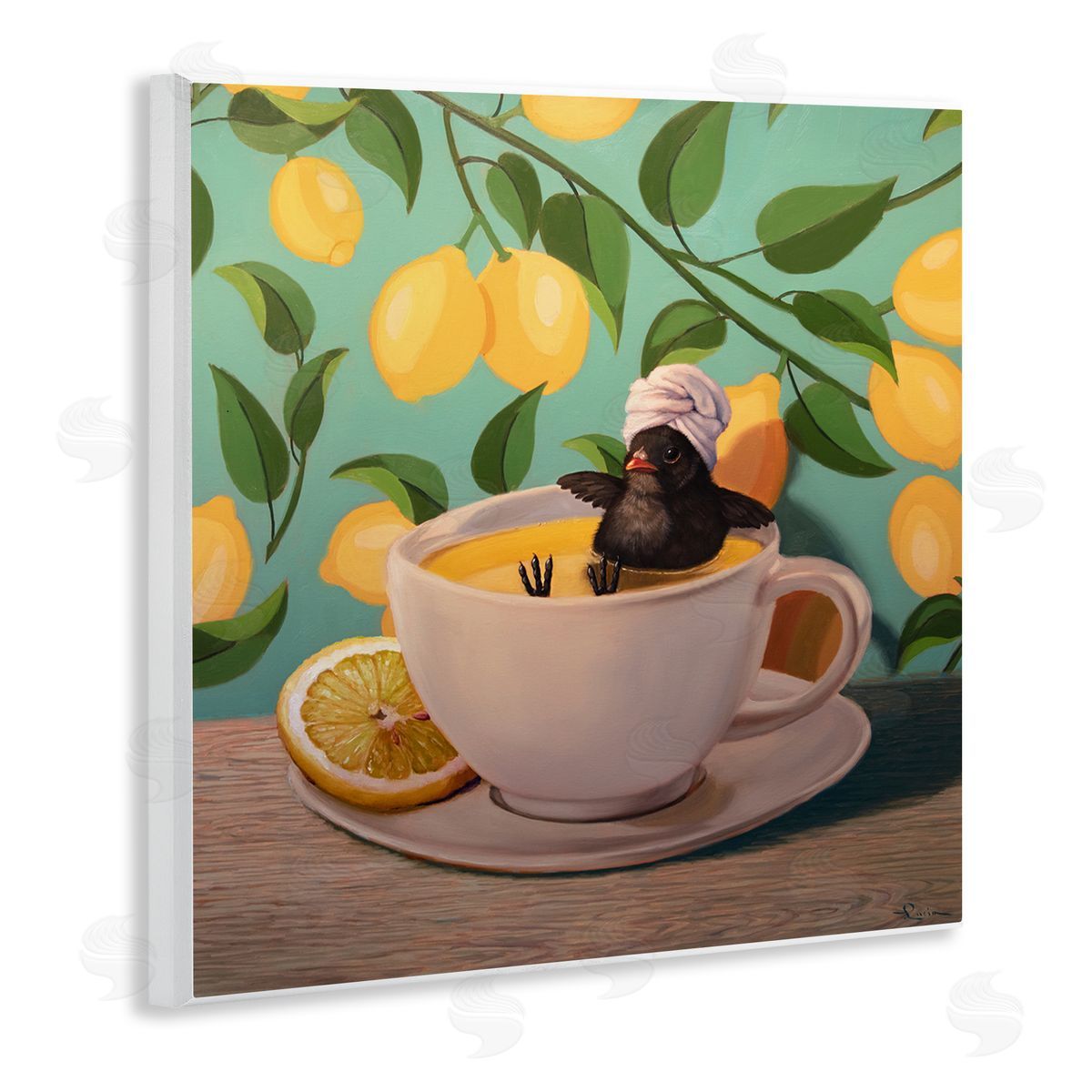 Bird Bathing Lemon Tea Wood Plaque Wall Art, Home Decor by Lucia Heffernan