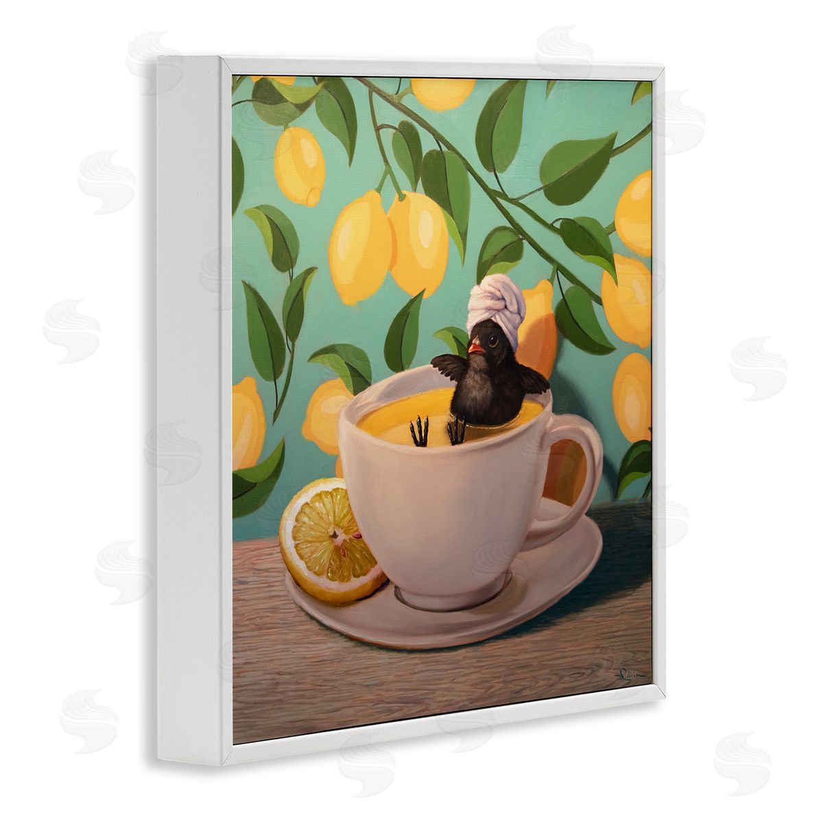 Bird Bathing Lemon Tea White Frame Print Wall Art, Home Decor by Lucia Heffernan