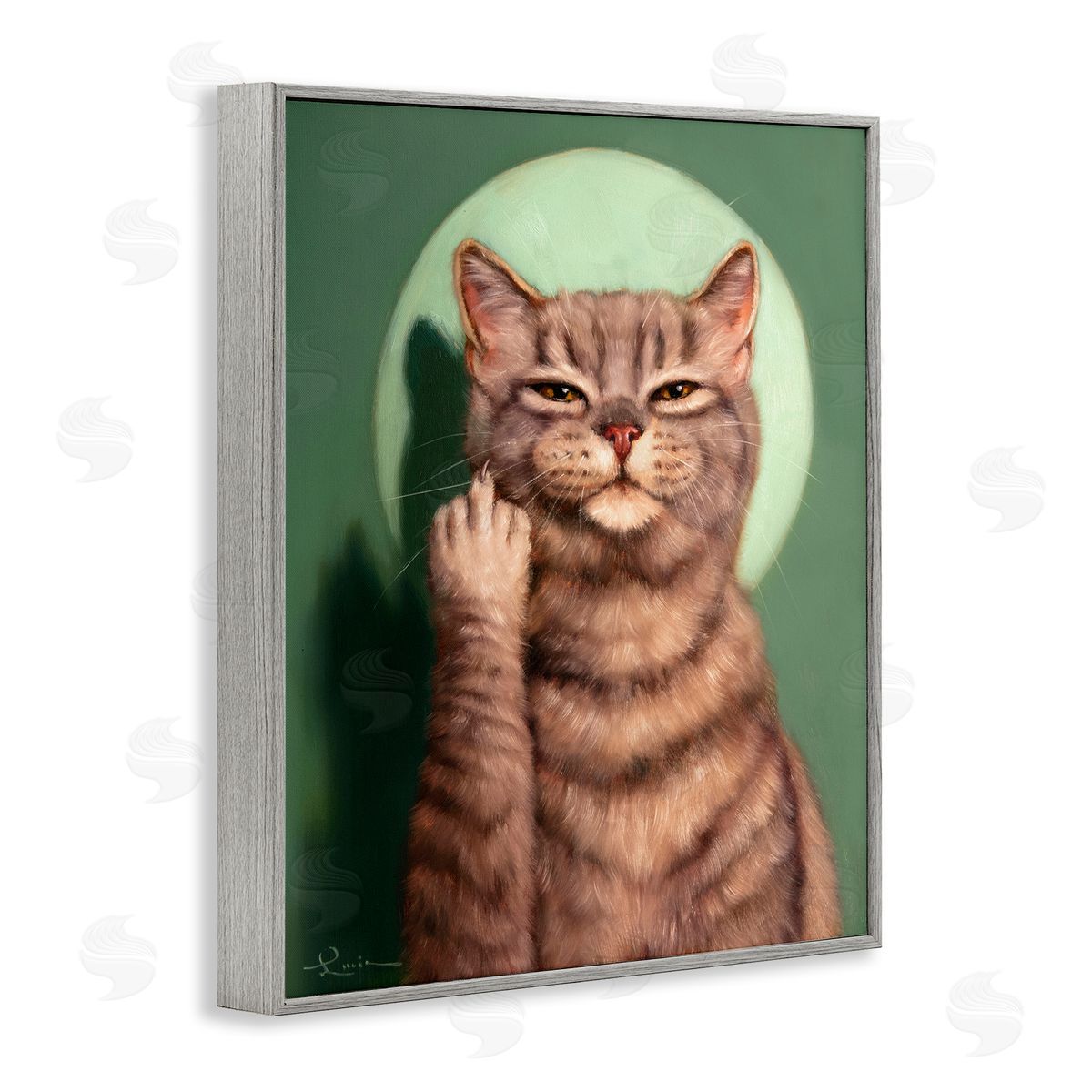 Cat & Middle Finger Grey Frame Print Wall Art, Home Decor by Lucia Heffernan