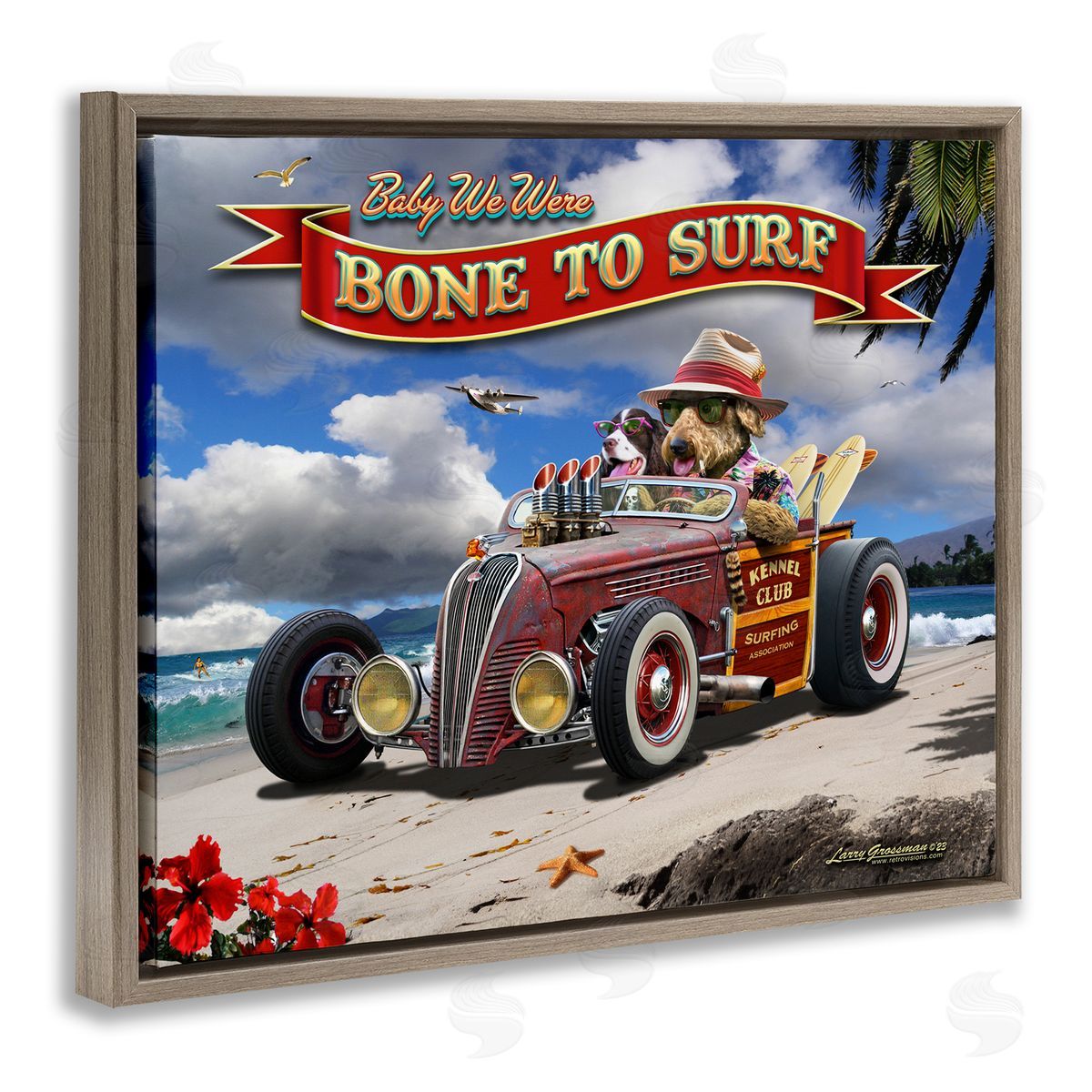 Larry Grossman Bone to Surf Dogs Brown Floater Frame Canvas Artside_