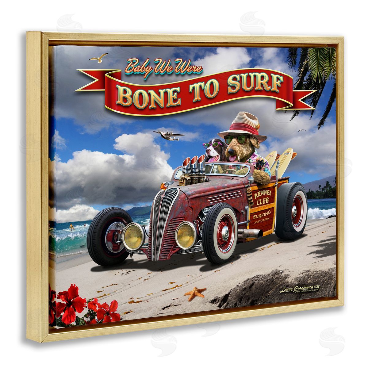 Larry Grossman Bone to Surf Dogs Gold Floater Frame Canvas Artside_