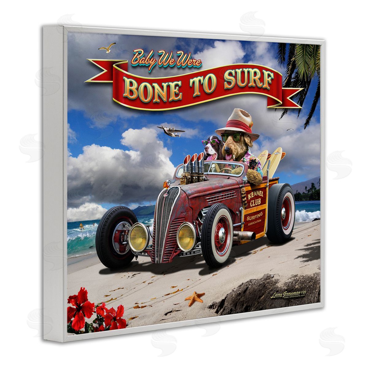 Larry Grossman Bone to Surf Dogs White Framed Giclee Wall Artside_